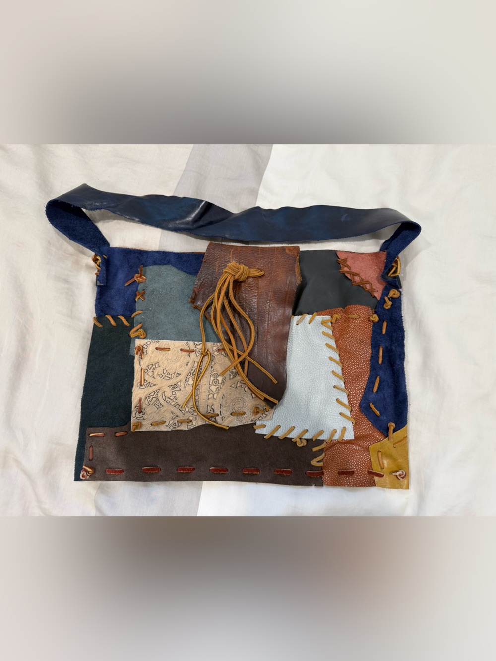 Patchwork Leather Boho Satchel-like Bag in Blue, Brown, Tan